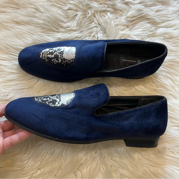INC International Concepts Navy Blue Velvet & Sequin Skull Graphic Nova Loafers - Picture 4 of 9